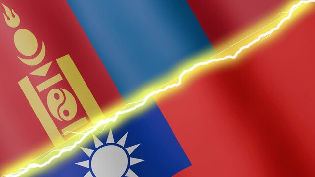 Two waving flags Mongolia and Taiwan with diagonal lightning seamless, 4k loop