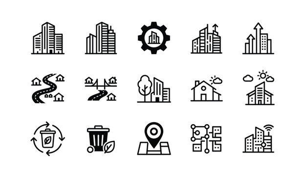 Real estate and urban development vector line icons set including buildings bridge roads recycling and location.