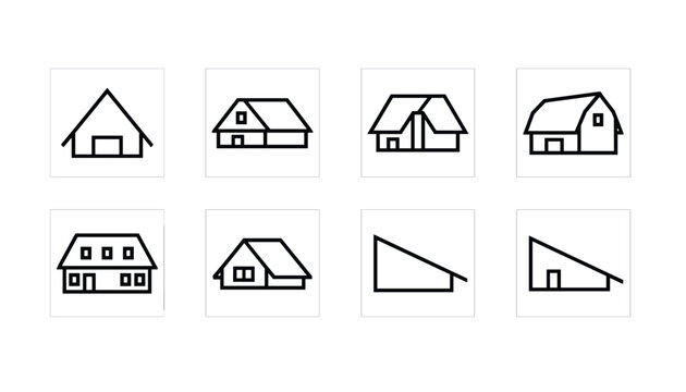 Technical outline design diagrams representing eight different architectural roof types and modern house structures.