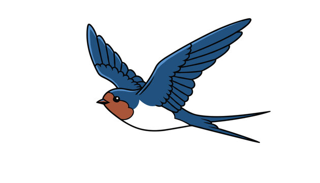 Detailed cartoon illustration of a graceful blue barn swallow bird flying upwards against a clean white background.