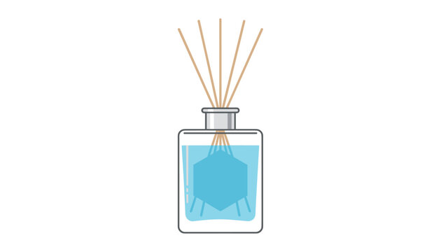 Home fragrance reed diffuser in a transparent glass bottle with blue liquid and sticks on a white background.