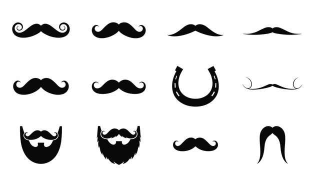 Collection of classic black mustache and beard silhouettes with a single horseshoe icon isolated on a white background.
