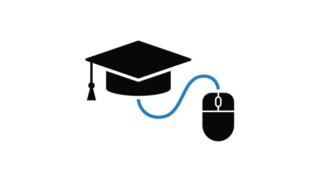 Black graduation cap connected by a blue wire to a computer mouse, symbolizing online education and e-learning.