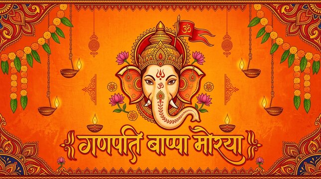 Ganesh Chaturthi Template Design with Lord Ganesha Face Illustration, writing ganpati bappa morya in hindi