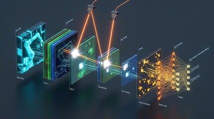 Conceptual illustration of a convolutional neural network architecture with data processing layers transparent background