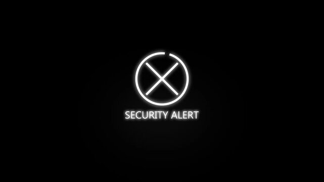 Red neon Security Alert animation with glowing crossed circle icon and clear alert text on a dark background. Suitable for cybersecurity, firewall alerts.