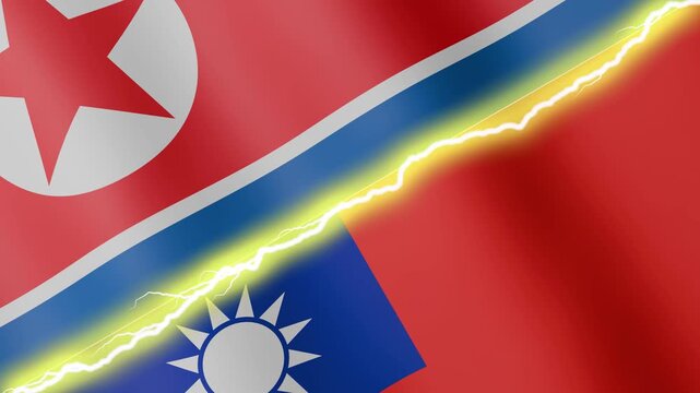 Two waving flags North Korea and Taiwan with diagonal lightning seamless, 4k loop