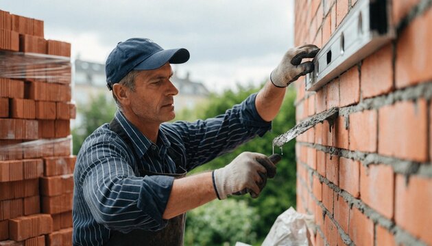 A mason spreads mortar and checks brick courses with a level on an unfinished wall, ideal for construction services, skilled trades, and renovation campaigns.