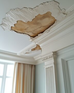Close-up of a white ceiling with peeling paint and a large brown water stain near decorative crown molding above an interior room corner.