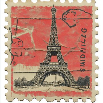 Torn vintage postage stamp showing the Eiffel Tower with red background and visible postmark, isolated on white.
