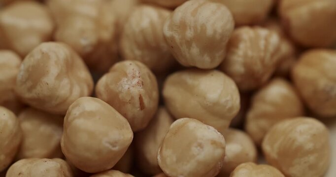 Peeled hazelnuts slowly rotating in a small white bowl isolated on a white background, showing the texture and detail of the healthy nuts, which are a great source of protein and vitamins.