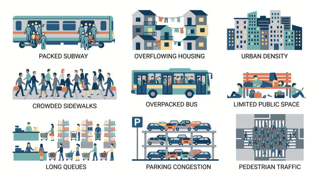 Urban transportation congestion and overpacked public transit and pedestrian icons.