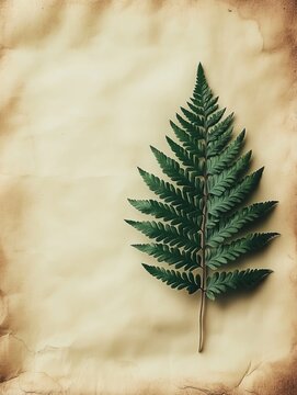 Single pressed fern leaf on aged paper with empty space around it, arranged like a botanical specimen on a vintage herbarium-style background.