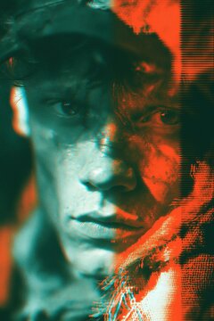Close-up portrait of a person&rsquo;s face with heavy red and cyan glitch effects, scan lines, and digital distortion covering the image.