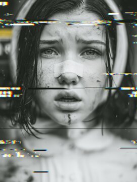 Black and white close-up portrait of a young woman with bandage on her nose and visible facial injuries, overlaid with horizontal glitch lines.