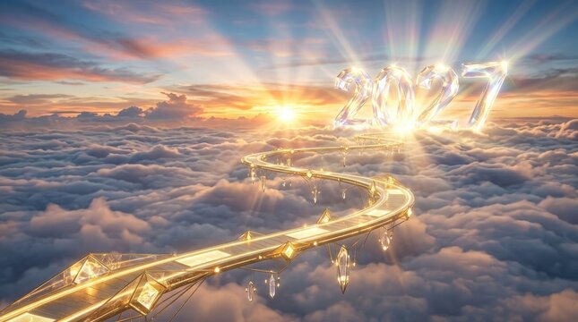 Futuristic golden bridge to 2027 a visionary pathway above the clouds