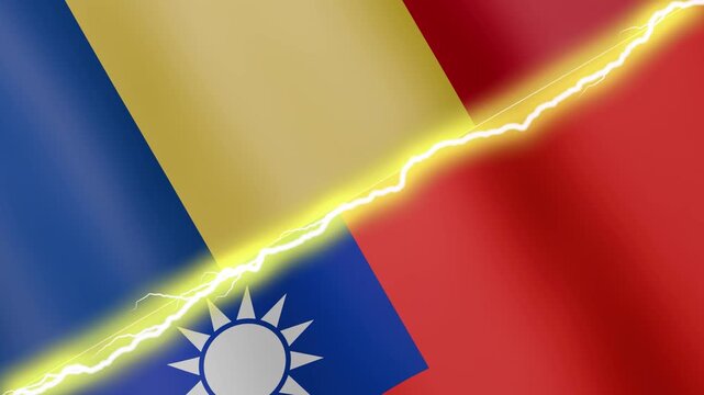 Two waving flags Romania and Taiwan with diagonal lightning seamless, 4k loop