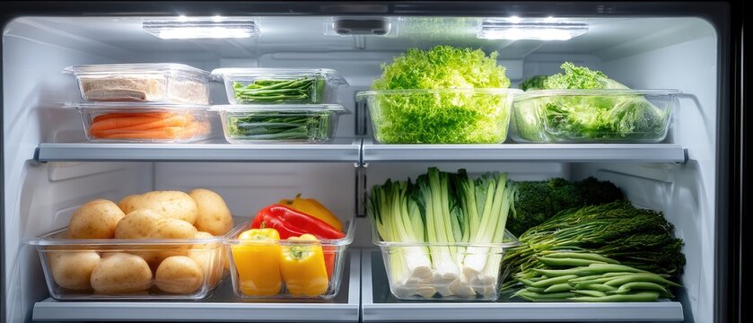 Split refrigerator shows work lunches on upper shelves and school lunches on lower shelves organized by weekday with labels and fresh vegetables