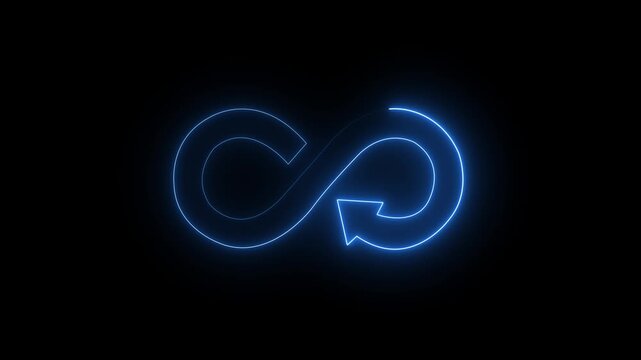 Neon purple infinity loop symbol with arrow animation on black background, glow