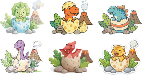 Cute Baby Dinosaur Hatching from Eggs Cartoon Vector Collection with Prehistoric Animals © MstShahida