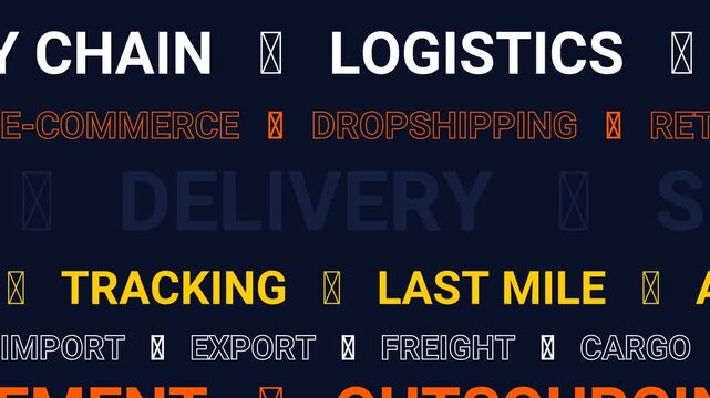 Kinetic typography animation with logistics and supply chain terminology scrolling on dark background.