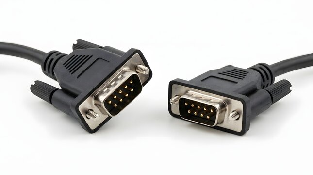 Two db15 vga cable plugs with gold plated pins on white background.