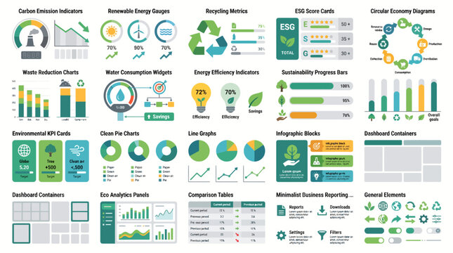 Sustainability data visualization infographic concept with green charts, eco-friendly icons, and environmental business dashboard elements for reporting
