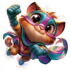 Fototapeta premium Cute Superhero Kitten Raising Fist Flying in Superhero Costume and Mask Isolated on White Background