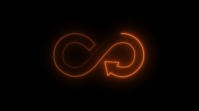 Neon purple infinity loop symbol with arrow animation on black background, glow