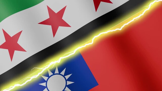 Two waving flags Syria and Taiwan with diagonal lightning seamless, 4k loop
