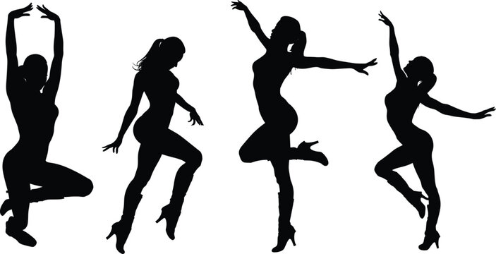 Women dancing silhouette collection, graceful female dancer poses vector illustration isolated black icon set design
