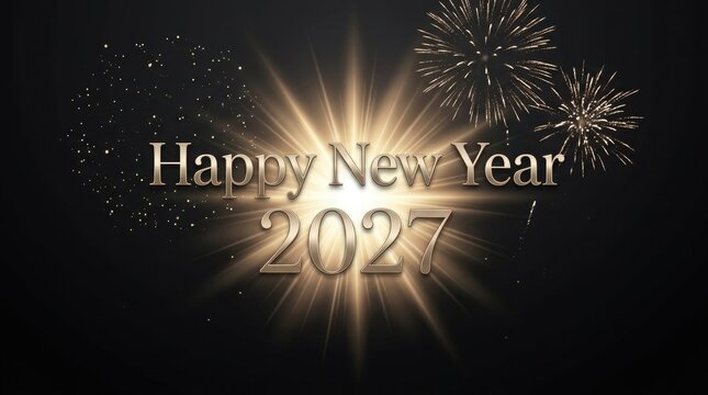 Happy new year 2027 celebration golden fireworks and radiant light display for festive events