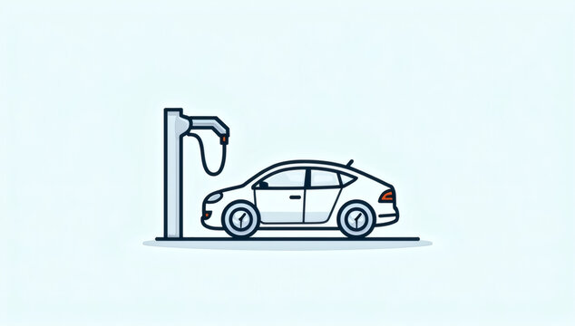 Minimalist Line Art Illustration of an Electric Vehicle Connected to a Modern Charging Station Power Supply
