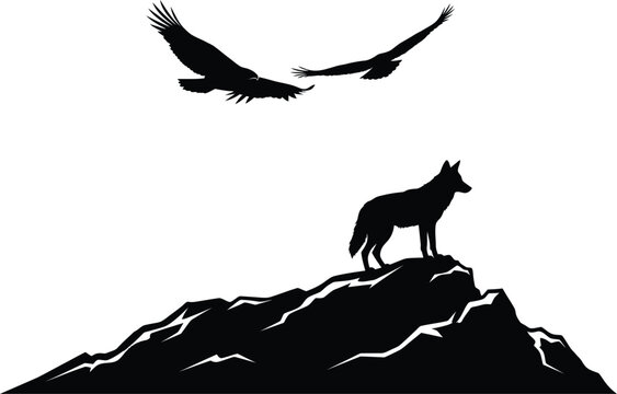 Black silhouette of a wolf standing on a mountain peak with two flying eagles in the sky above representing freedom and wild nature in a simple graphic design
