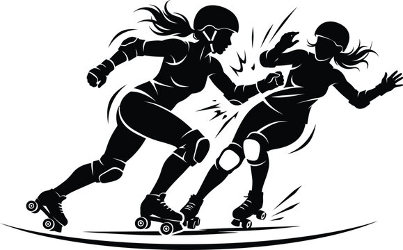 Two women playing roller derby in a competitive contact sport match wearing protective gear and helmets while skating fast as a black and white vector illustration