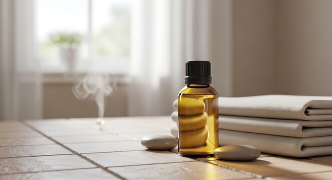 A bottle of cistus essential oil displayed on a wooden surface with white folded towels and smooth spa stones in a calm and relaxing wellness atmosphere