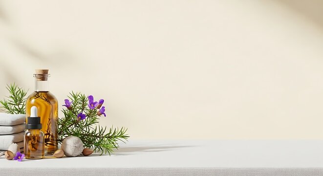 Cistus essential oil displayed with fresh rockrose sprigs and purple flowers in glass dropper bottles on a white textured surface for aromatherapy spa