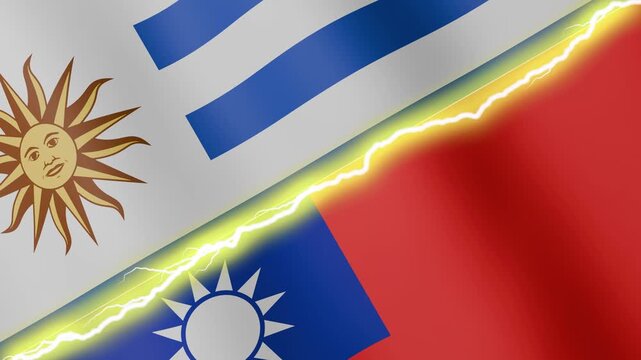 Two waving flags Uruguay and Taiwan with diagonal lightning seamless, 4k loop