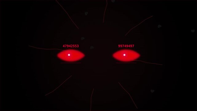 Mysterious Glowing Red Eyes Appear in Darkness with Digital Data Streams, Sci-Fi Horror Concept