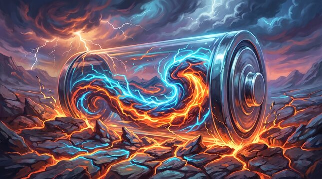 Futuristic Transparent Battery Charging with Swirling Fire and Blue Lightning Energy Waves
