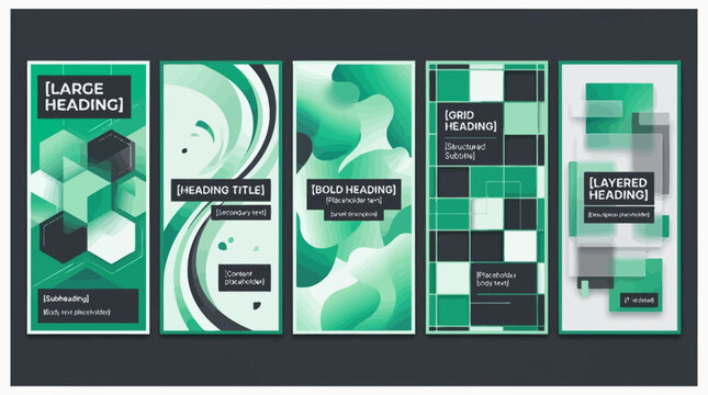 Modern minimalist presentation layouts with geometric and abstract green typography designs with showcases five distinct presentation slide templates