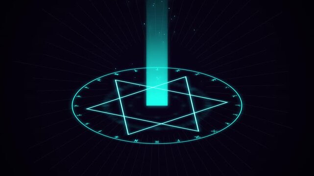 Mystical Hexagram Portal Opens with Glowing Energy Beam and Particles on Dark Background - Animation