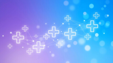 Fototapeta premium Medical cross icons on blue and purple gradient background, abstract healthcare network with bokeh lights, digital medicine and pharmacy concept