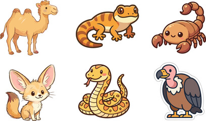 Fototapeta premium Cute Desert and Wild Animal Cartoon Collection Vector Set with Camel Snake Scorpion and Reptiles