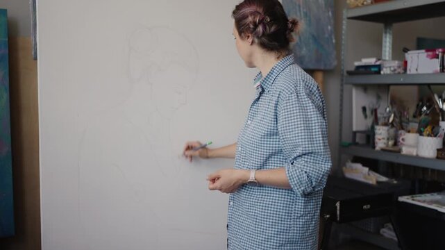 Creative female artist drawing a preliminary sketch of a woman holding a cat with a pencil directly on a wall, starting the process of creating a large-scale mural for home decoration.