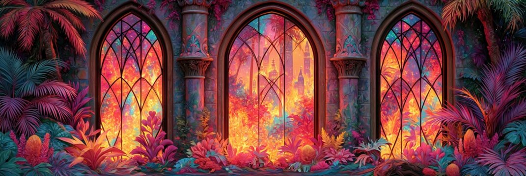 Enchanting Gothic Arches with Stained Glass Windows and Lush Tropical Foliage