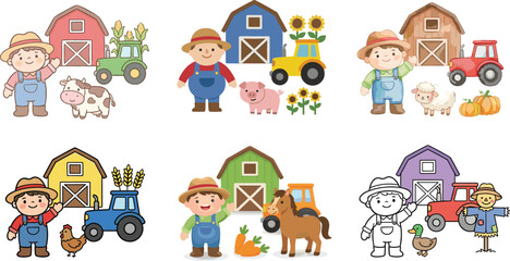Fototapeta premium Cute Farm Cartoon Illustration Collection with Farmers Barn Animals Tractors and Rural Agriculture
