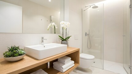 Fototapeta premium Sleek, Bright Bathroom Interior Showcasing Modern Minimalist Design, White Fixtures, and Wooden Vanity