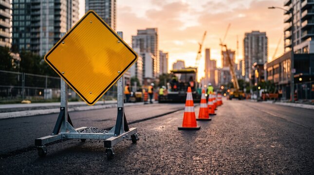 Blank Yellow Warning Sign on City Road Construction Site During Golden Hour Sunset
