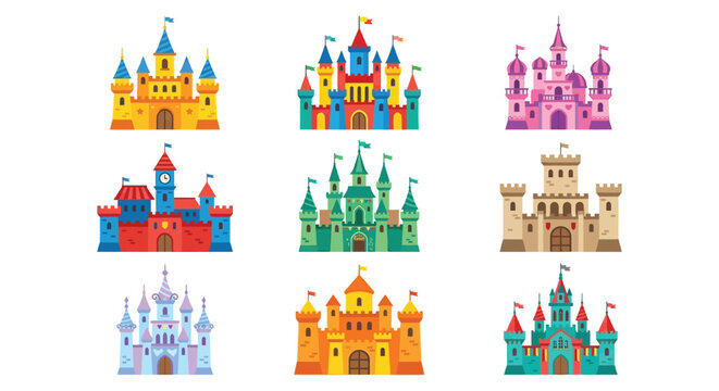Colorful castle illustrations with turrets and flags on a white background